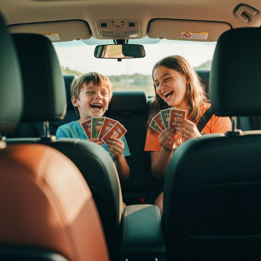 Children enjoying road trip games in the back seat